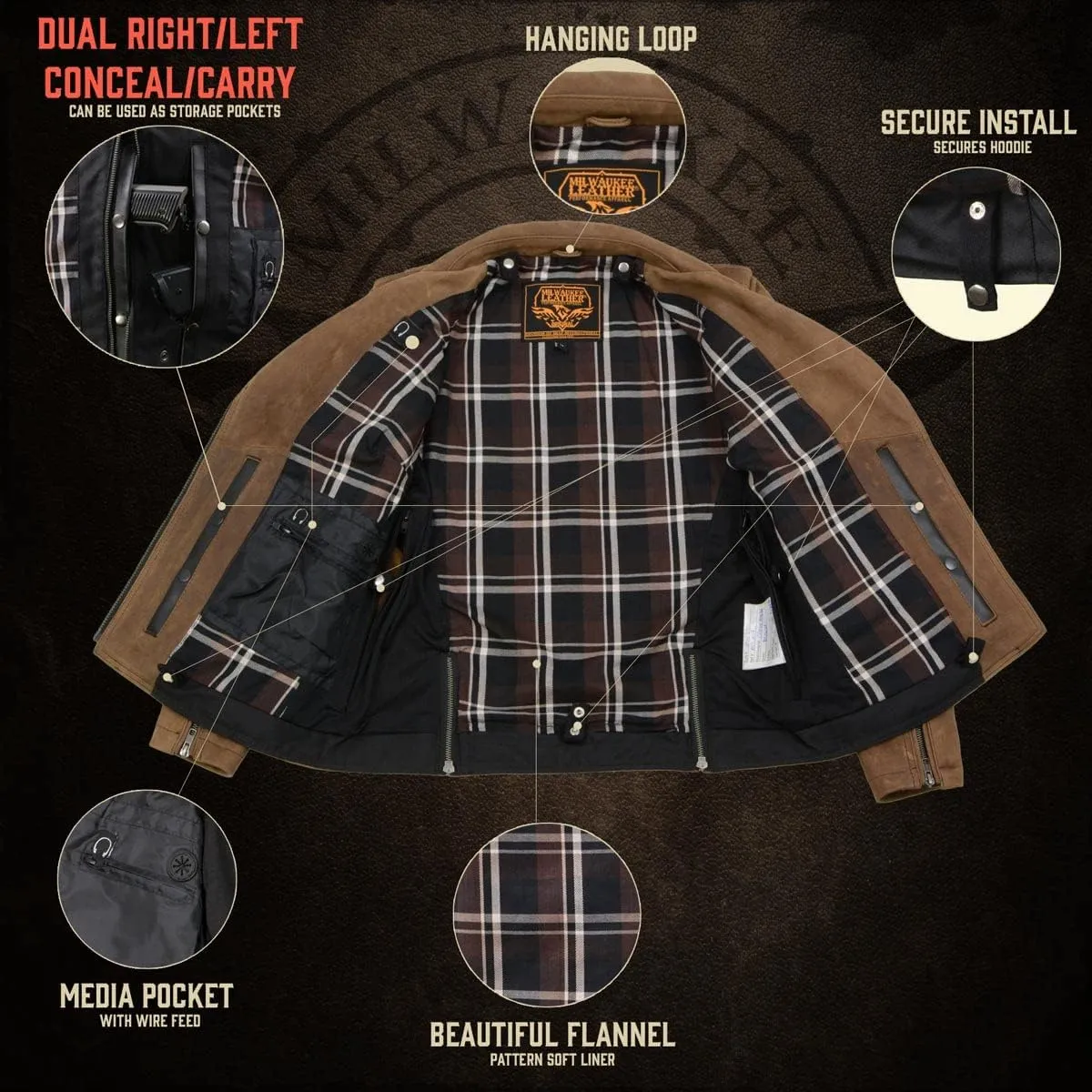 Milwaukee Leather MLL2511 Women's 'Damsel' Vintage Crazy Horse Brown Leather Jacket w/Removable Hoodie