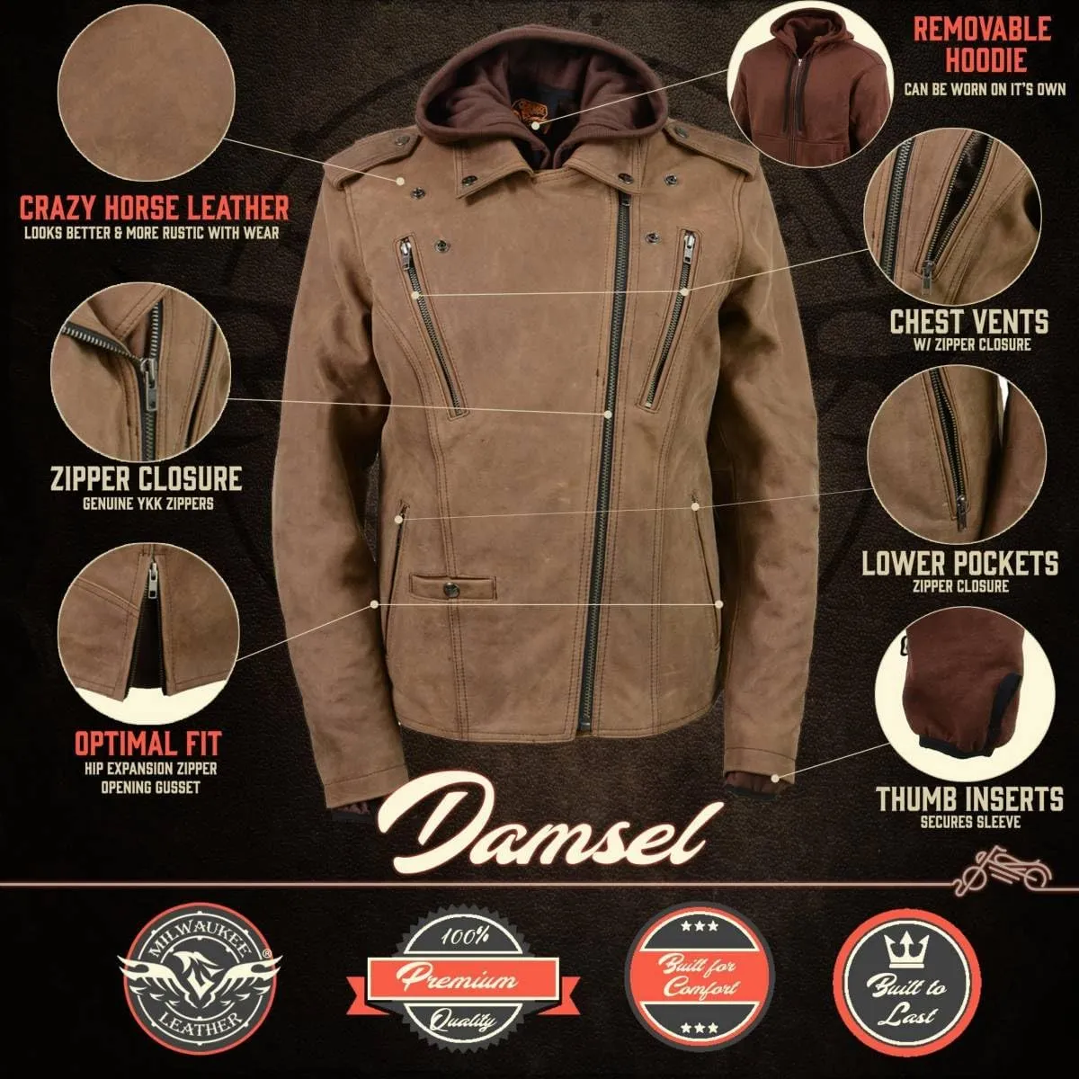 Milwaukee Leather MLL2511 Women's 'Damsel' Vintage Crazy Horse Brown Leather Jacket w/Removable Hoodie