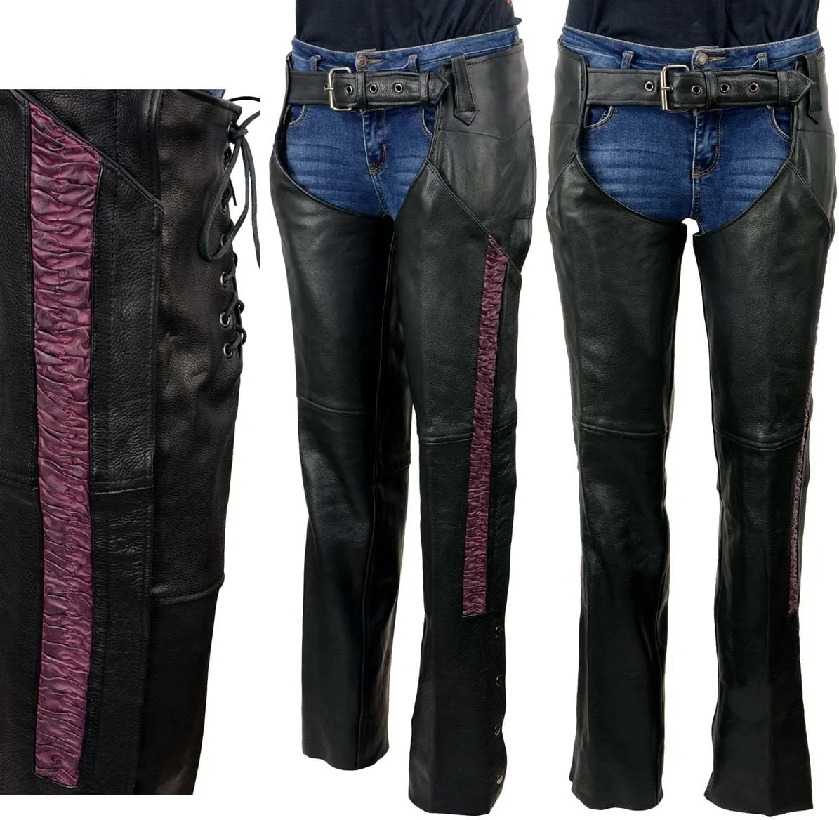 Milwaukee Leather Women's Black Leather Hip Set Motorcycle Chaps w/Crinkled Leg Striping MLL6500