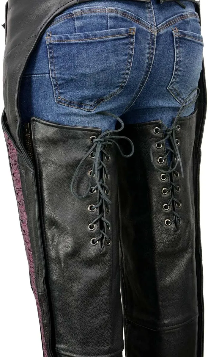 Milwaukee Leather Women's Black Leather Hip Set Motorcycle Chaps w/Crinkled Leg Striping MLL6500