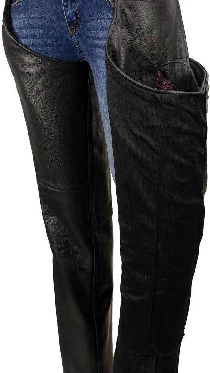 Milwaukee Leather Women's Black Leather Hip Set Motorcycle Chaps w/Crinkled Leg Striping MLL6500