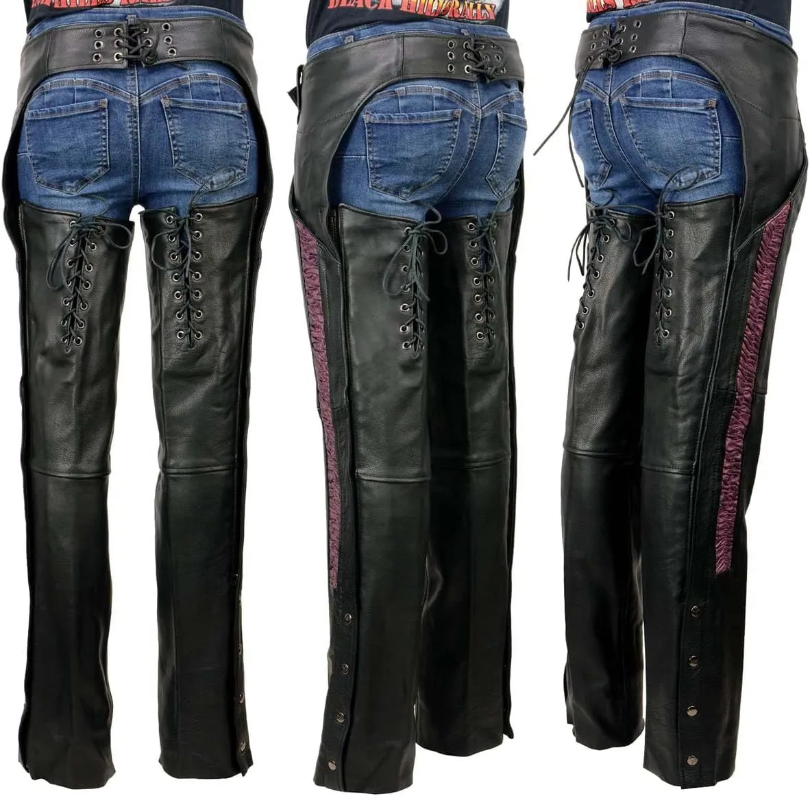 Milwaukee Leather Women's Black Leather Hip Set Motorcycle Chaps w/Crinkled Leg Striping MLL6500