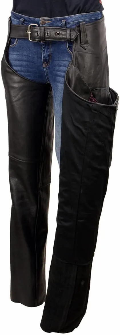 Milwaukee Leather Women's Black Leather Hip Set Motorcycle Chaps w/Crinkled Leg Striping MLL6500