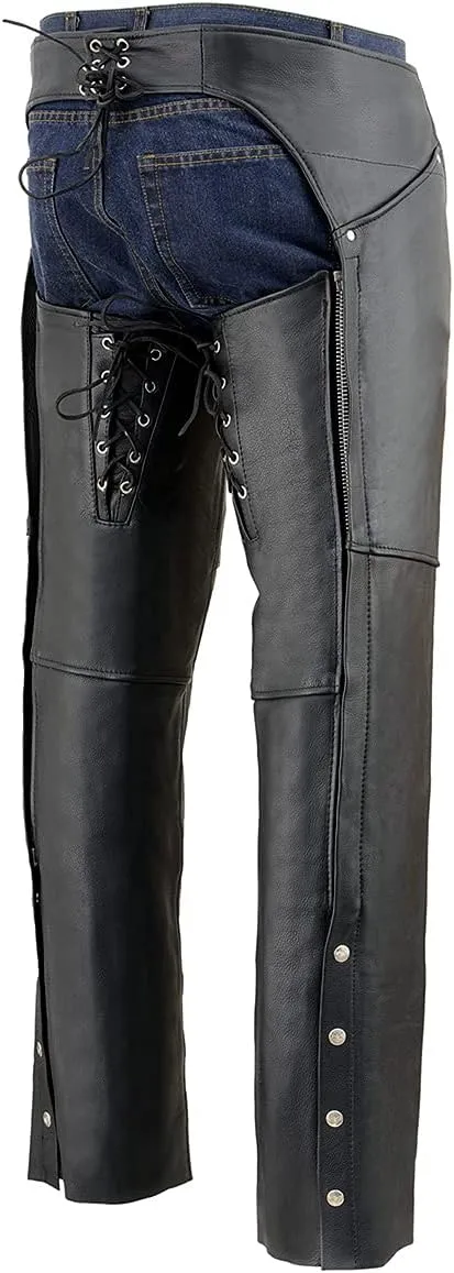 Milwaukee Leather Women's Black Premium Leather Motorcycle Rider Chaps w/Deep Hip Pockets/Back Thigh Laces-ML1173 - Medium