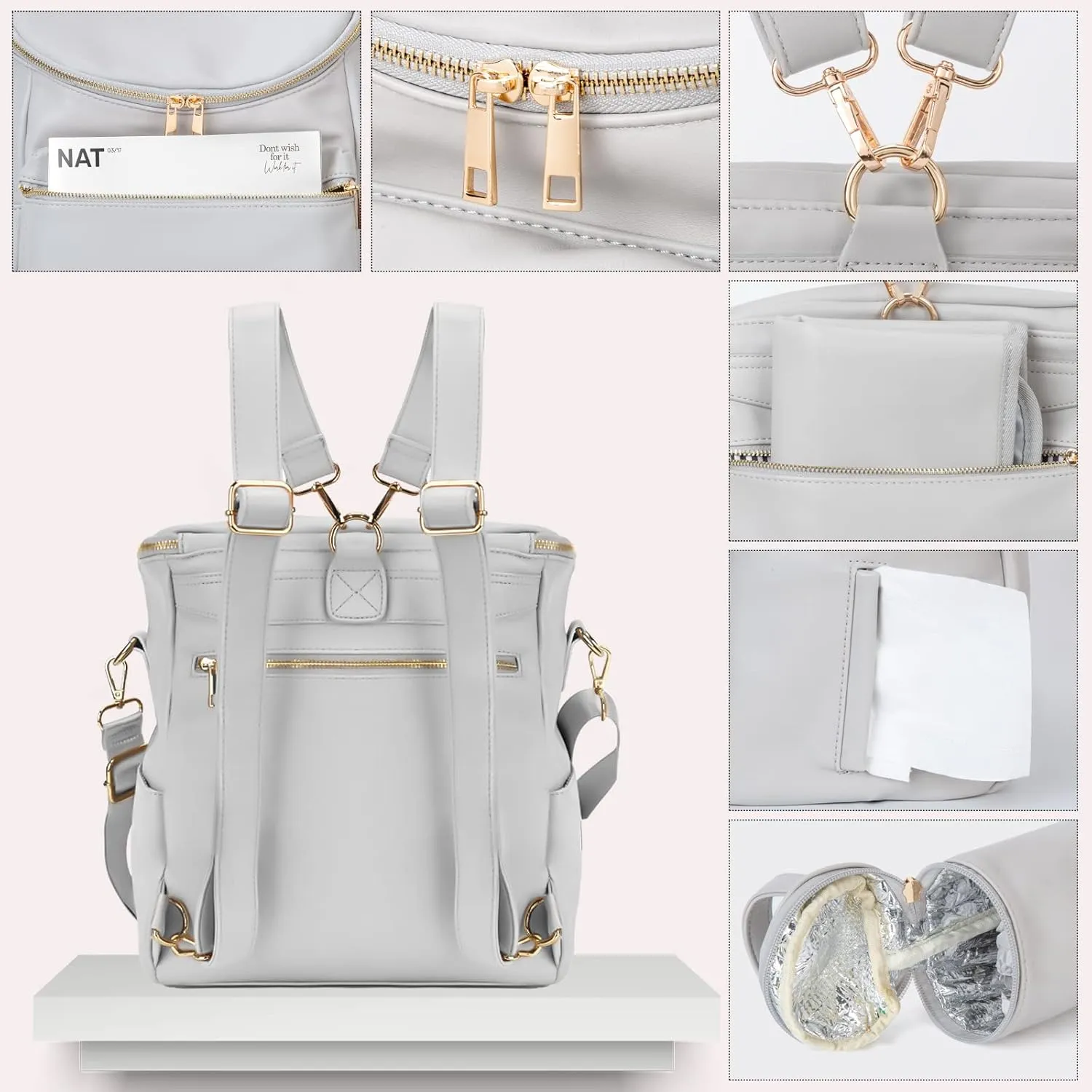 Minsong Diaper Bag Backpack,Fashion Leather Mommy Backpacks,Travel Toddler Baby Diaper Bags with in Bag Organizer and Changing Pad (Light Grey)