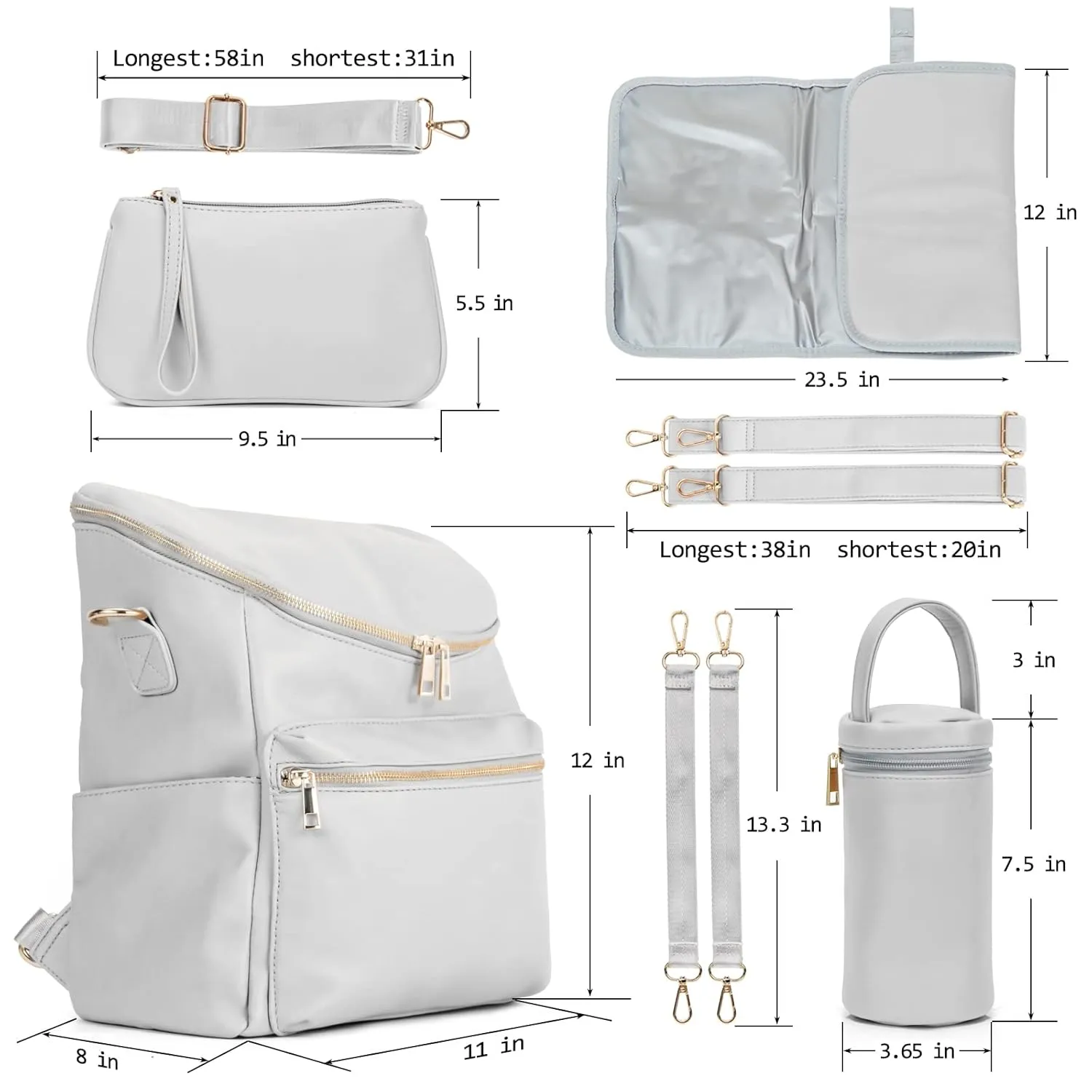 Minsong Diaper Bag Backpack,Fashion Leather Mommy Backpacks,Travel Toddler Baby Diaper Bags with in Bag Organizer and Changing Pad (Light Grey)