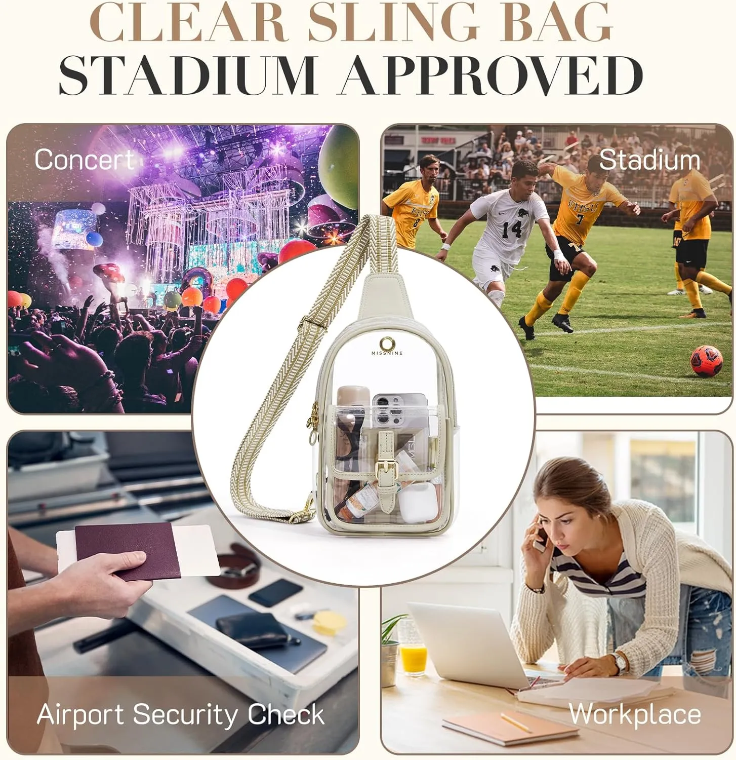 Missnine Clear Bag for Stadium Events Clear Sling Bag Fanny Pack Crossbody Purse for Sport Concert with Side Mesh Pocket