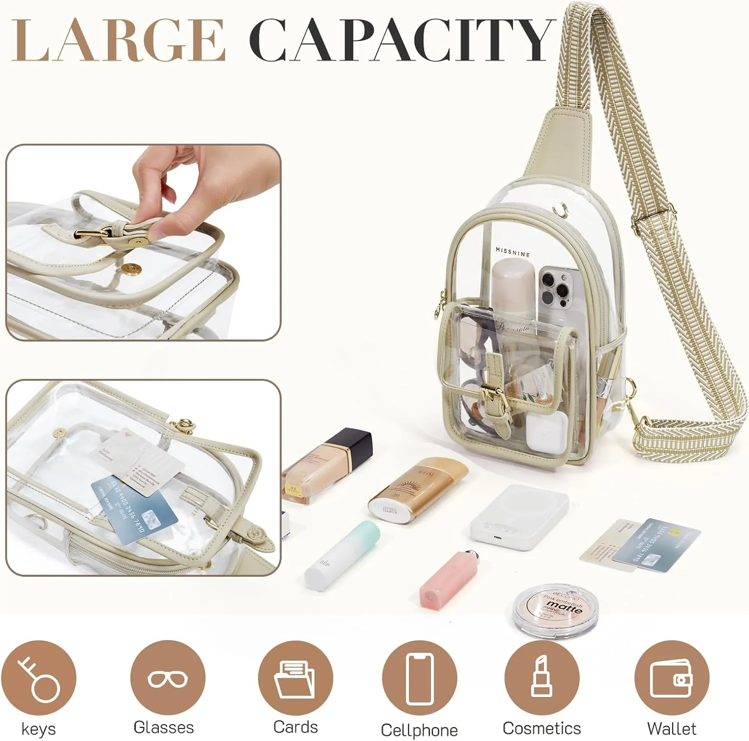Missnine Clear Bag for Stadium Events Clear Sling Bag Fanny Pack Crossbody Purse for Sport Concert with Side Mesh Pocket