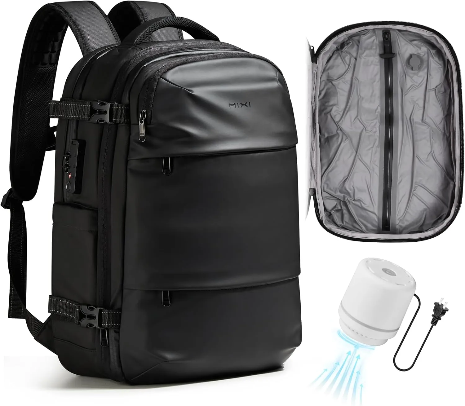 mixi EliteSeries 60L Vacuum Travel Backpack with Pump, Expandable Compression Carry On Luggage Bag, Waterproof Fits 17" Laptop with TSA Lock, Black