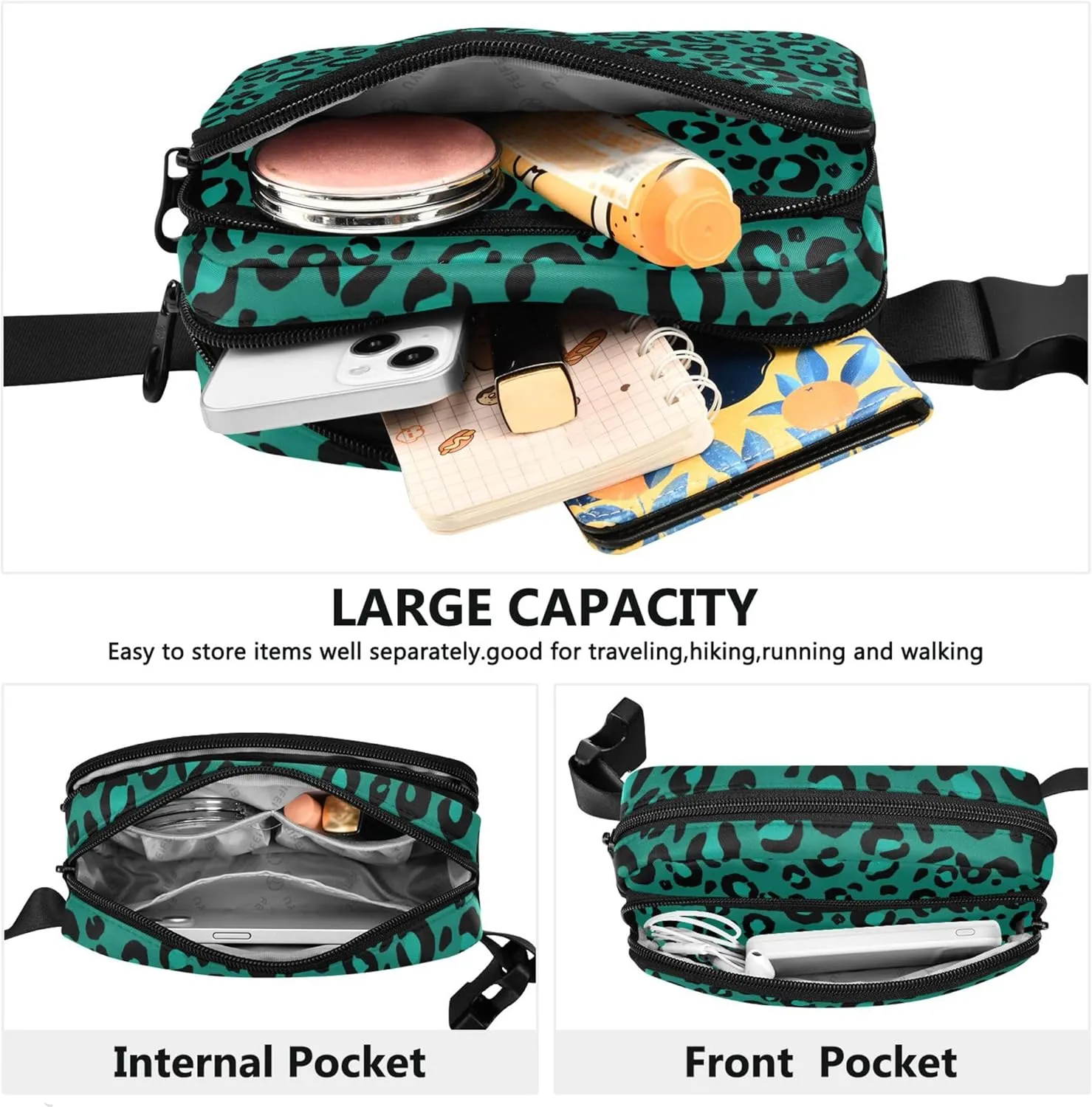 Modern Teal Black Leopard Womens Fanny Pack Designer Belt Bag Hip Pack Waterproof Waist Pack for Women