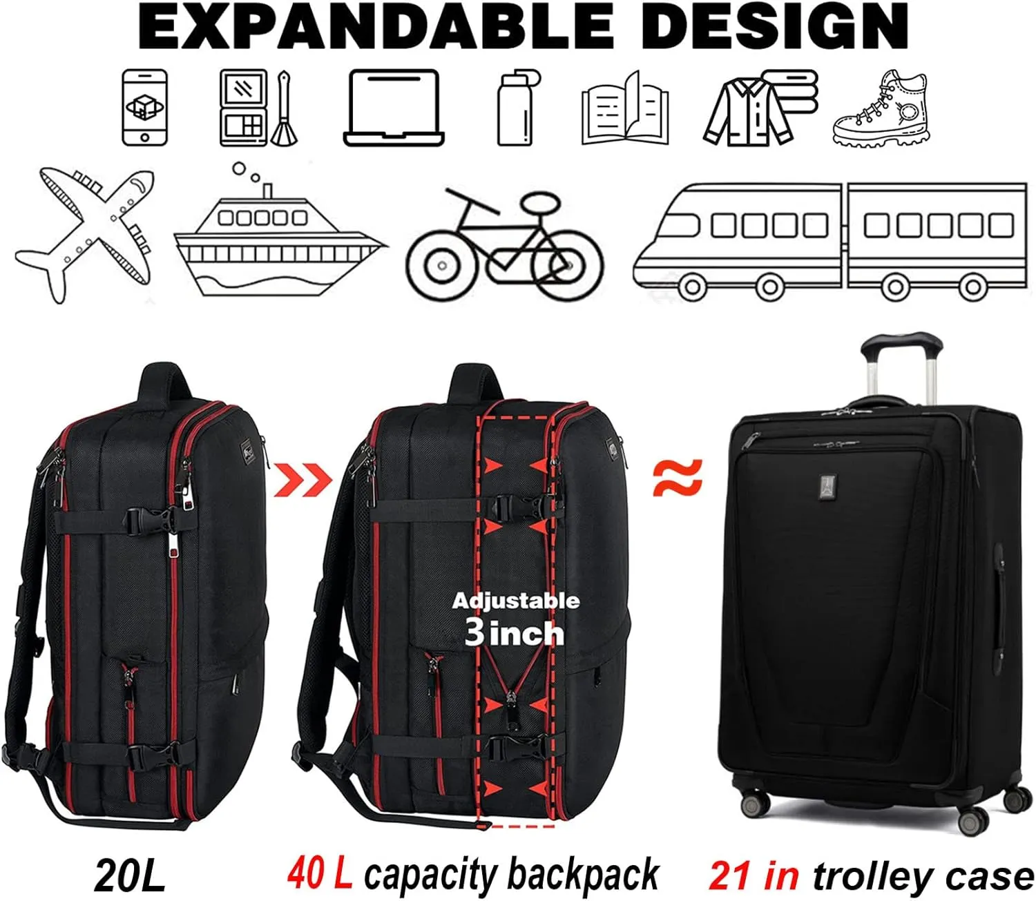 Mogplof Carry on Backpack for Men, 19.5"x14"x6" Expandable Travel Backpack Flight Approved, Extra Large Backpack Suitcase, Water Resistant Luggage Backpack Fit for 17 17.3 Inch Laptop, Black