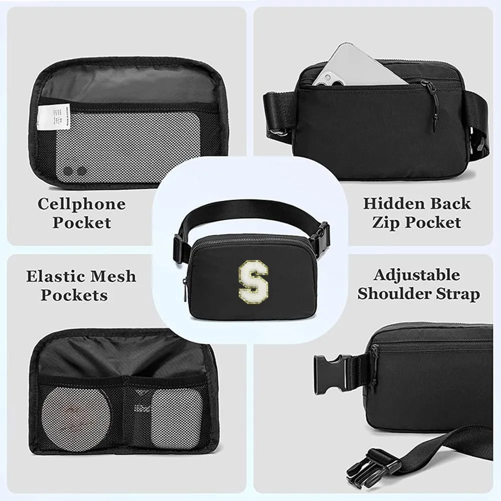 Molodo Belt Bag Small Crossbody Bag Purse with Initial Letter Embroidery Nylon Waterproof Fanny Pack Chest Bag for Outdoor