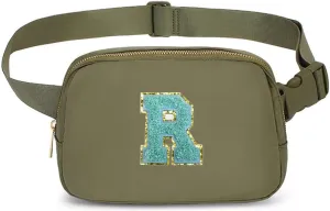 Molodo Belt Bag Small Crossbody Bag Purse with Initial Letter Embroidery Nylon Waterproof Fanny Pack Chest Bag for Outdoor