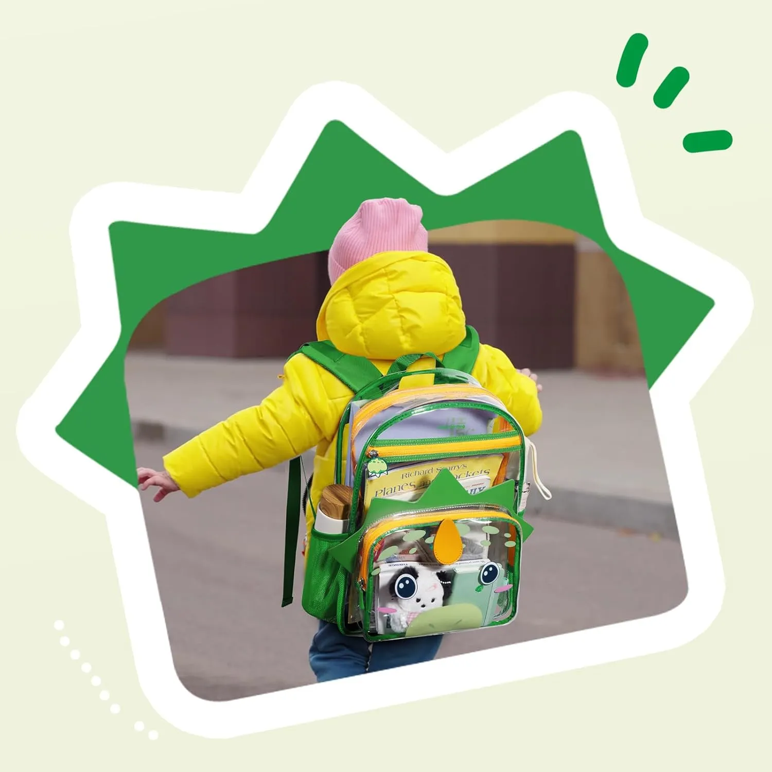 mommore Clear Backpack for Kids Dinosaur Backpack for Boys 4-8 Water-Resistant See Through Cartoon Toddler Bookbag with Chest Strap for Preschool Kindergarten Travel, Green