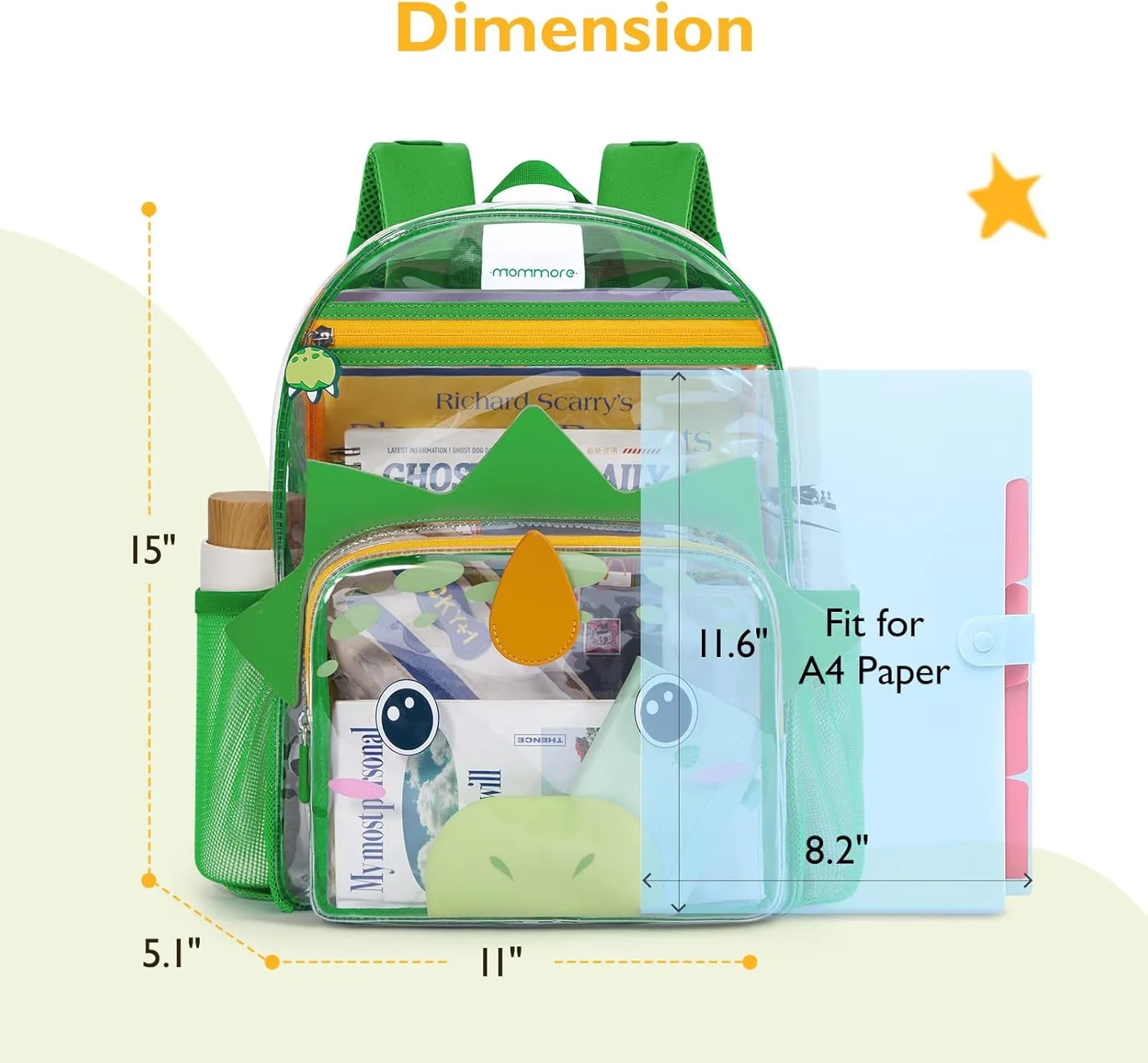 mommore Clear Backpack for Kids Dinosaur Backpack for Boys 4-8 Water-Resistant See Through Cartoon Toddler Bookbag with Chest Strap for Preschool Kindergarten Travel, Green