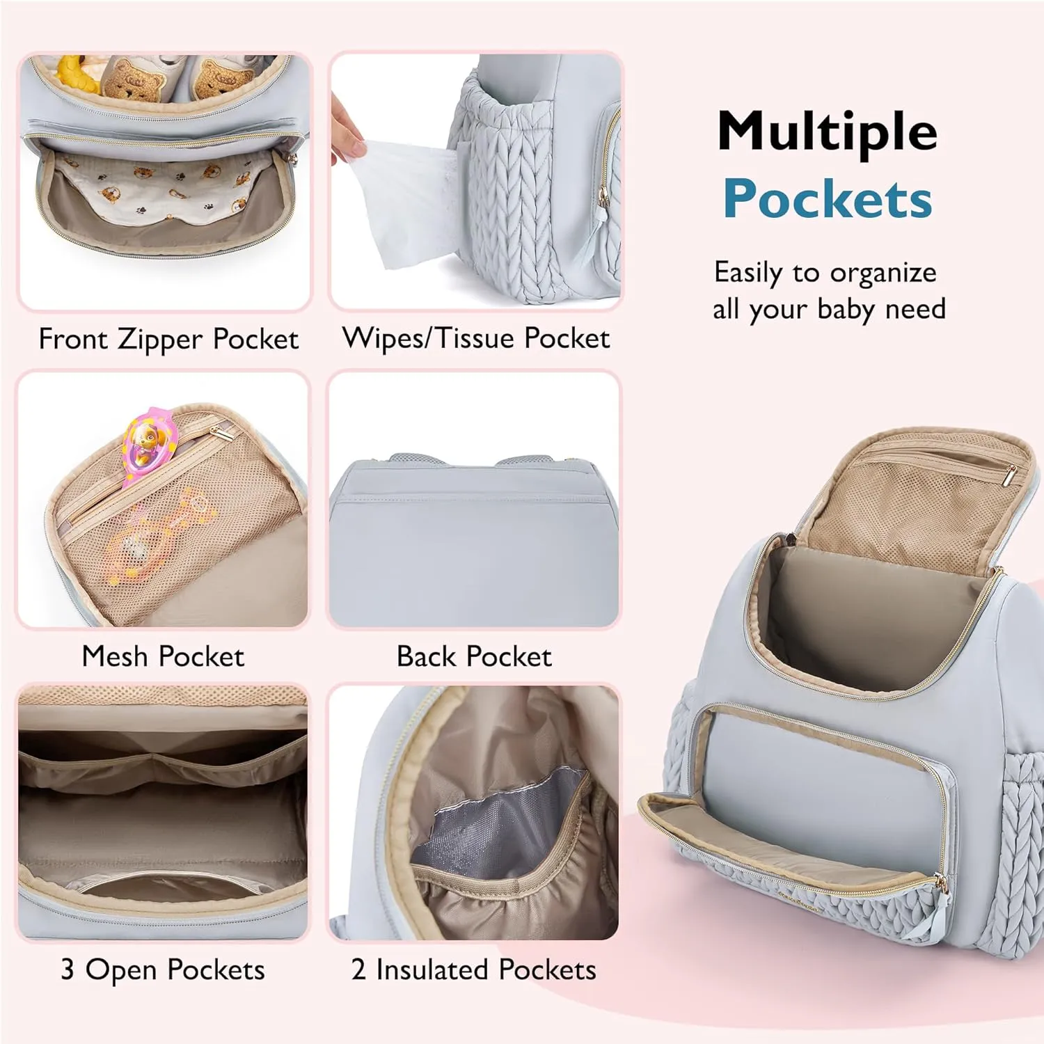 mommore Diaper Bag Small Diaper Backpack Stylish Baby Travel Backpacks with Insulated Pockets, Changing Pad, Stroller Straps