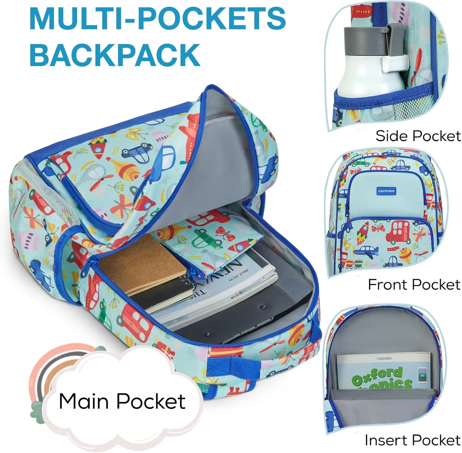 mommore Kids Backpack for Boys Girls Preschool Kindergarten Backpacks Lightweight Elementary School Bookbag with Lunch Box Set