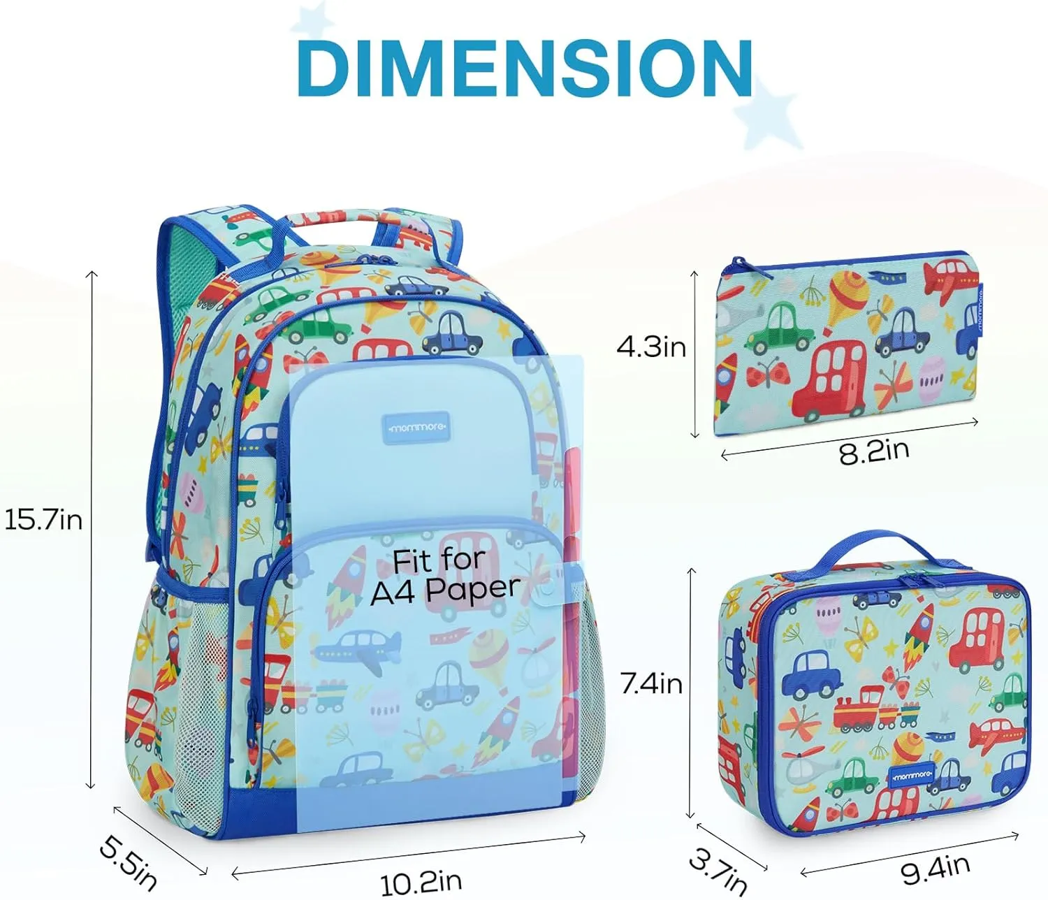 mommore Kids Backpack for Boys Girls Preschool Kindergarten Backpacks Lightweight Elementary School Bookbag with Lunch Box Set