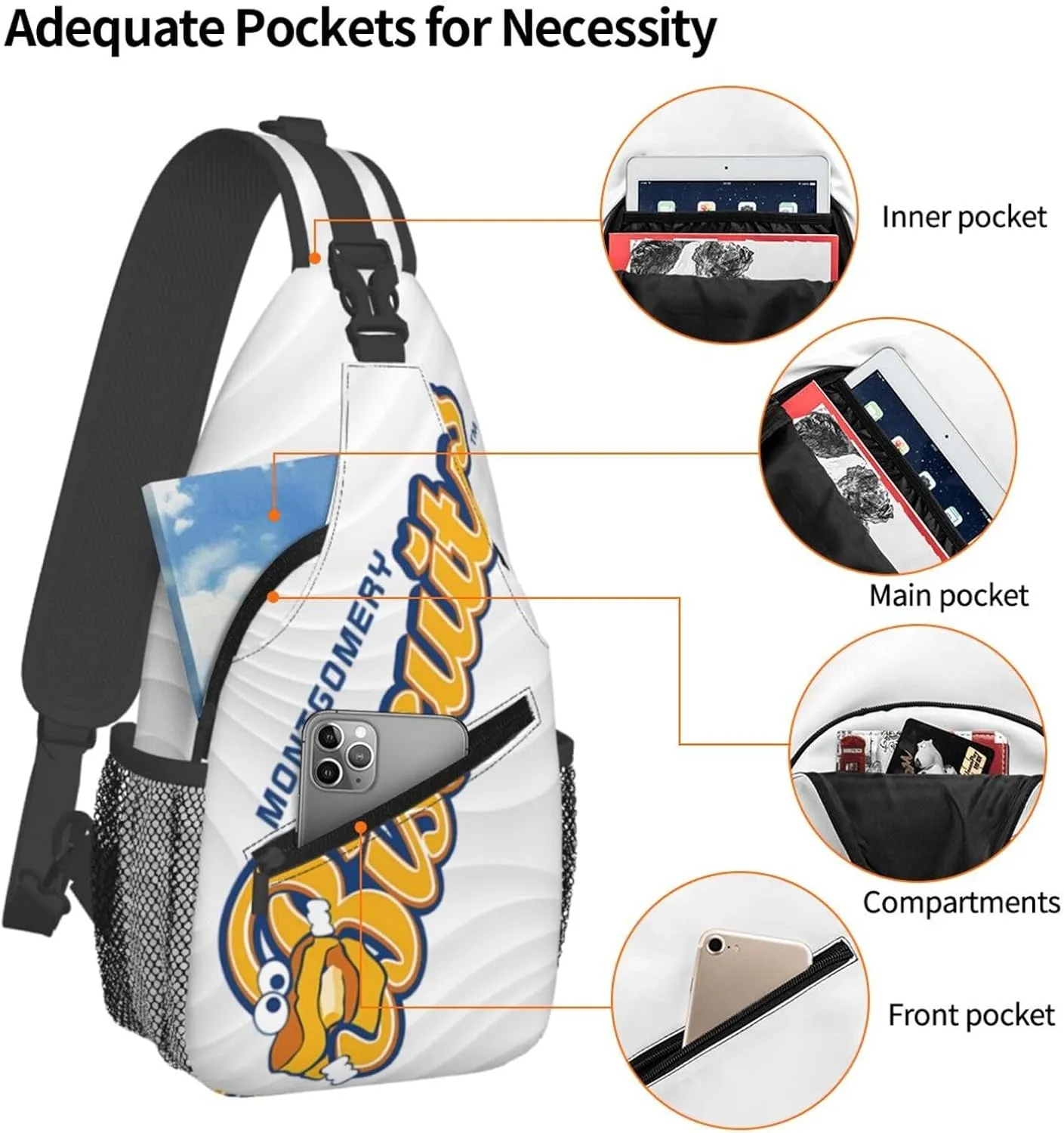 Montgomery Biscuits Crossbody Backpack Chest Shoulder Bag Lightweight One Strap Travel Hiking Daypack