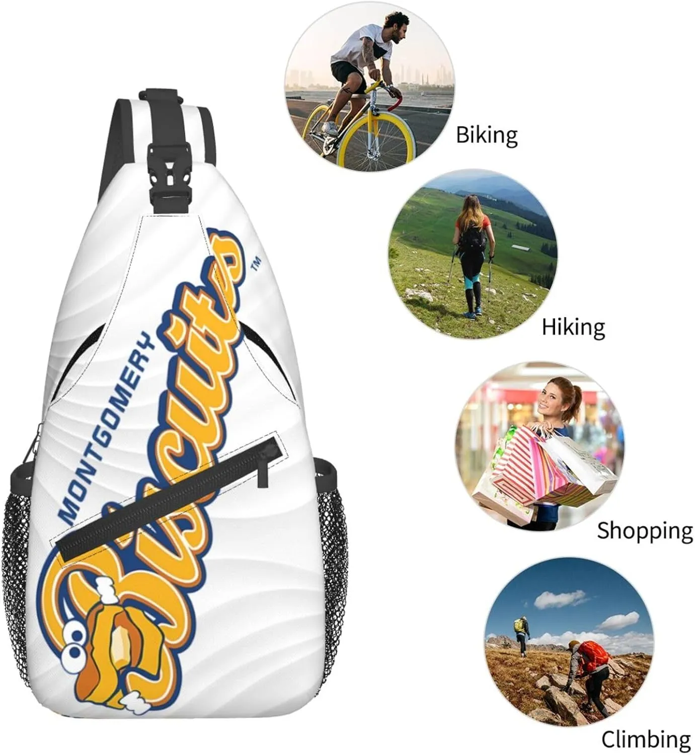 Montgomery Biscuits Crossbody Backpack Chest Shoulder Bag Lightweight One Strap Travel Hiking Daypack