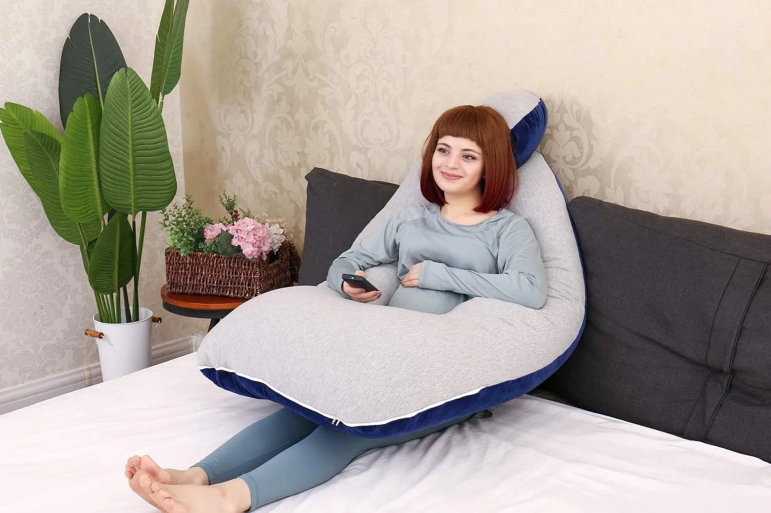 MOON PINE Pregnancy Pillow, U Shape Full Body Pillow for Maternity Support, Sleeping Pillow for Pregnant Women (Blue&Grey-Velvet&Jersey)