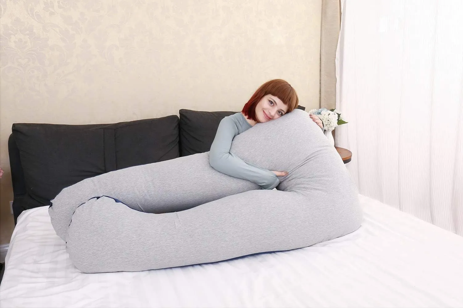 MOON PINE Pregnancy Pillow, U Shape Full Body Pillow for Maternity Support, Sleeping Pillow for Pregnant Women (Blue&Grey-Velvet&Jersey)