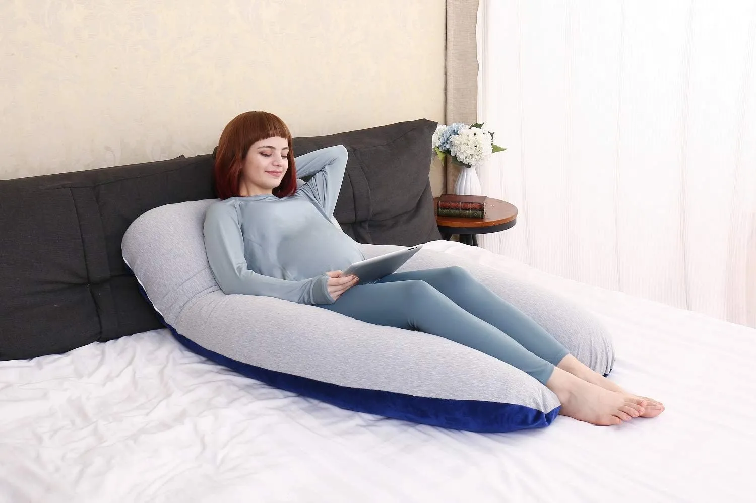MOON PINE Pregnancy Pillow, U Shape Full Body Pillow for Maternity Support, Sleeping Pillow for Pregnant Women (Blue&Grey-Velvet&Jersey)