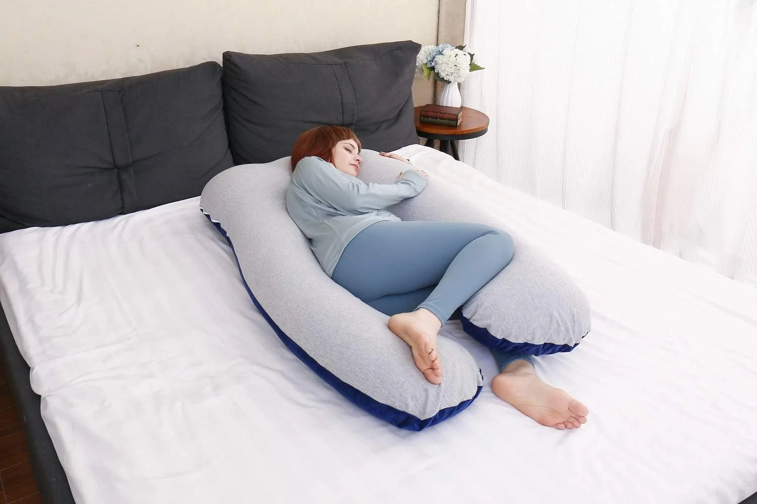 MOON PINE Pregnancy Pillow, U Shape Full Body Pillow for Maternity Support, Sleeping Pillow for Pregnant Women (Blue&Grey-Velvet&Jersey)