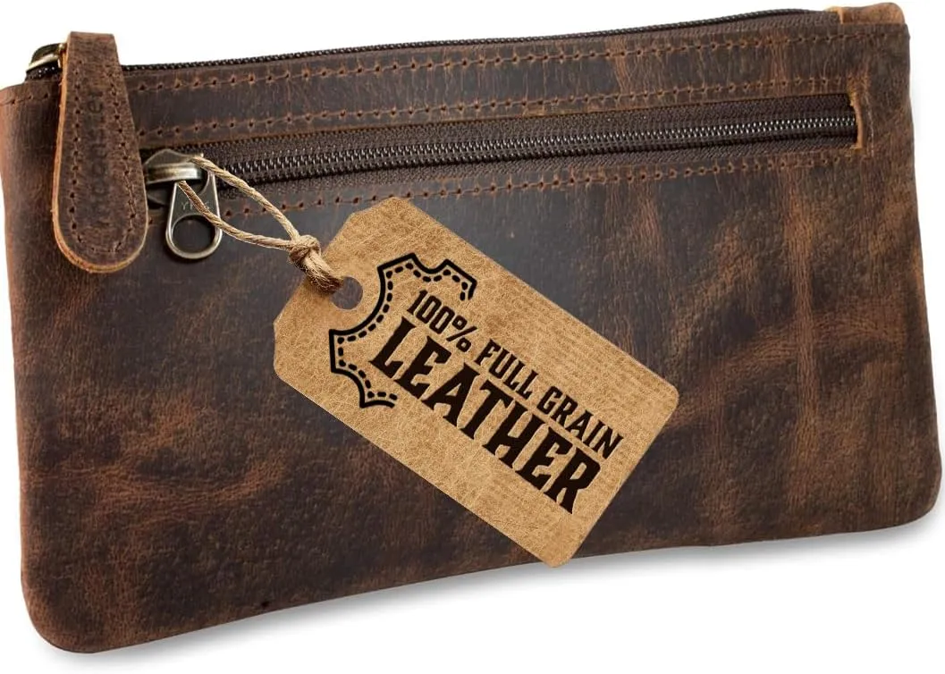 Moonster Leather Pencil Case Pouch 8" x 4" - Leather Pen Case with Zipper