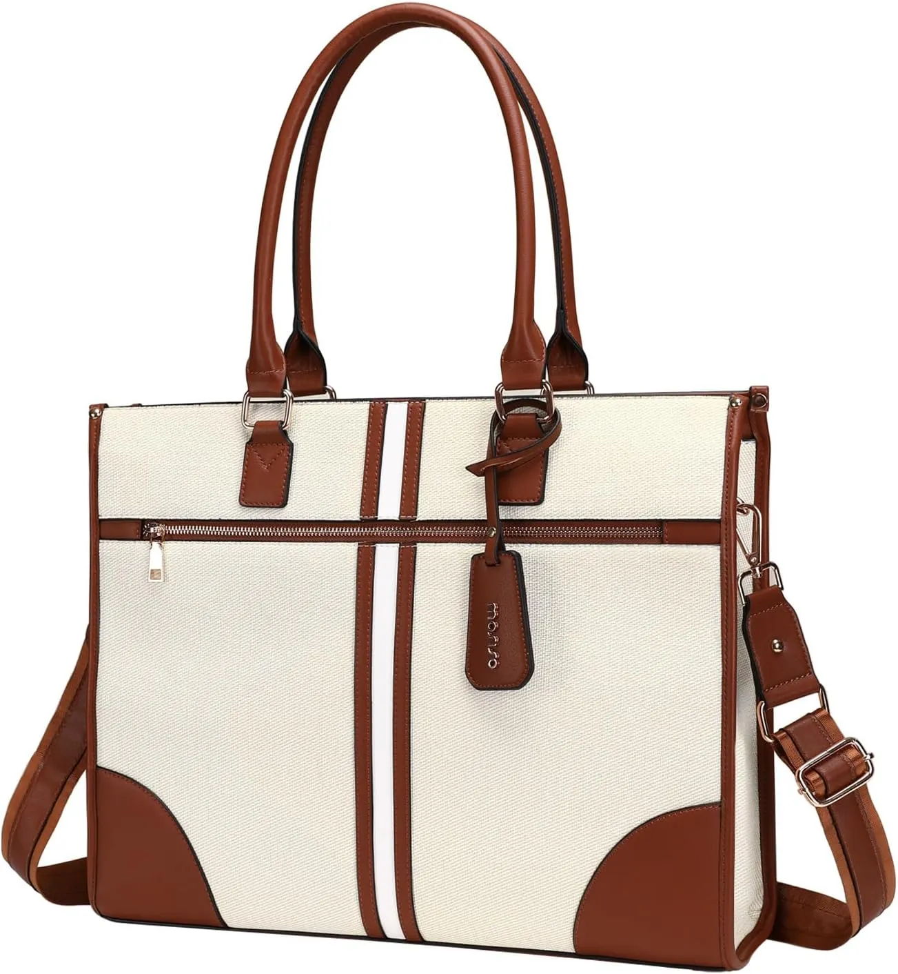 MOSISO Laptop Bag for Women, 15.6 inch PU Leather Laptop Tote Work Bag Purse with Front Zipper Pocket, Large Capacity Waterproof Patchwork Stripe Computer Briefcase for Business Office Work, Brown