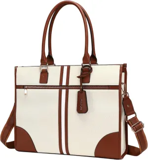 MOSISO Laptop Bag for Women, 15.6 inch PU Leather Laptop Tote Work Bag Purse with Front Zipper Pocket, Large Capacity Waterproof Patchwork Stripe Computer Briefcase for Business Office Work, Brown