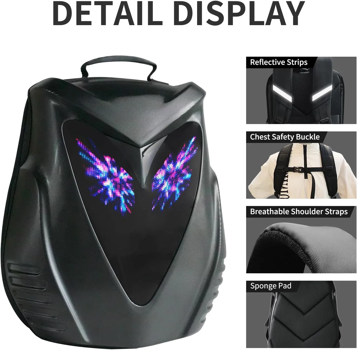 Motorcycle Backpack for Men, LED Backpack With DIY Programmable Full Color Screen, Hard Shell Large Capacity Waterproof Helmet Bag Laptop Backpack(Black)