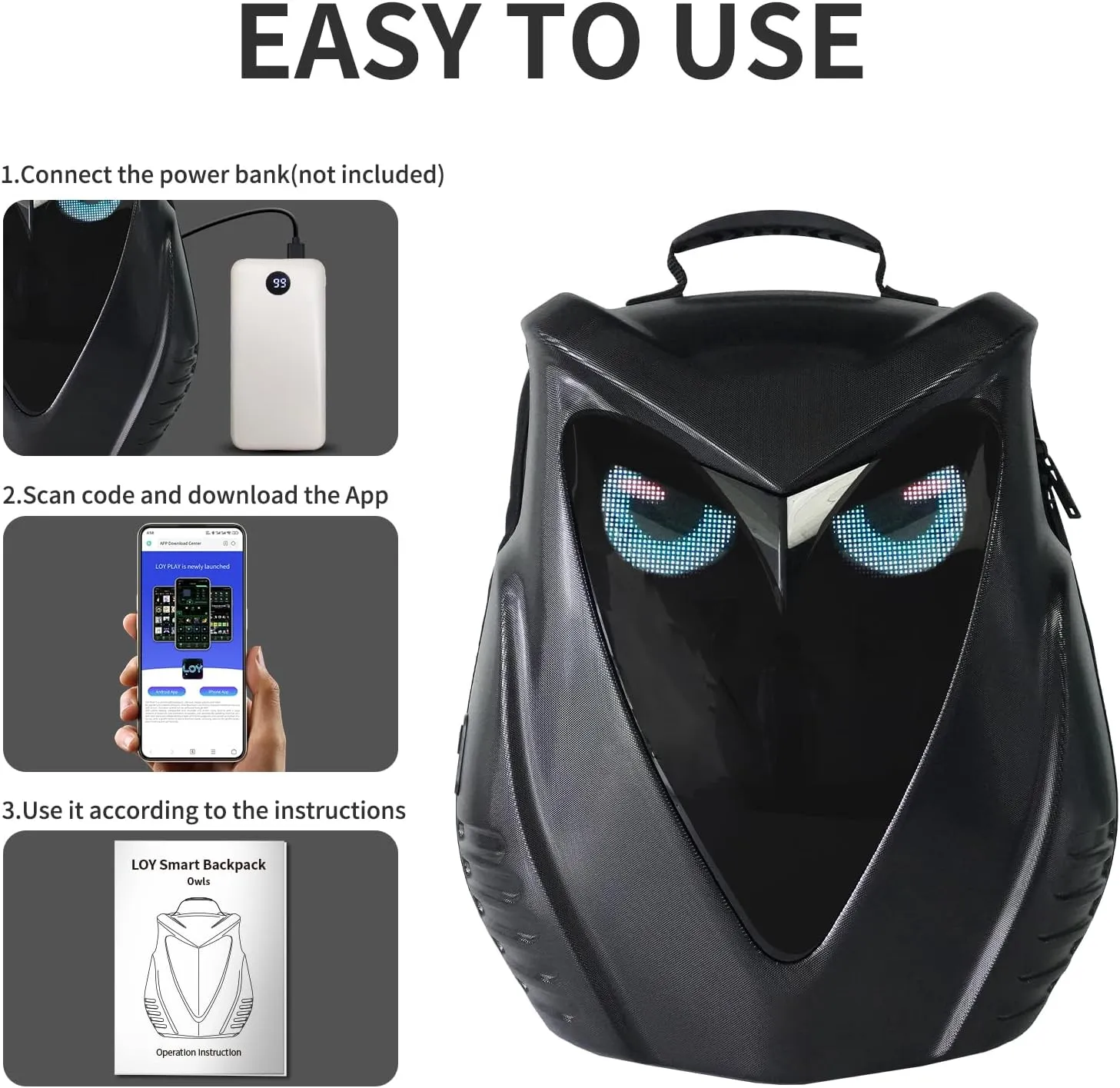 Motorcycle Backpack for Men, LED Backpack With DIY Programmable Full Color Screen, Hard Shell Large Capacity Waterproof Helmet Bag Laptop Backpack(Black)