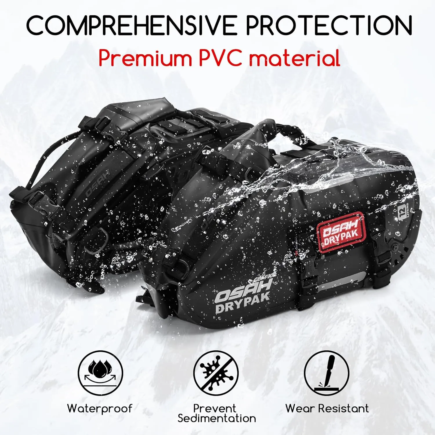 Motorcycle Saddle Bags, Waterproof Durable Saddlebags 24L(12L*2), Large Capacity Anti-Vibration Pannier Bags, Ideal Luggage Bag for Adventure and Sport Motorcycle Racks, 1 Pair