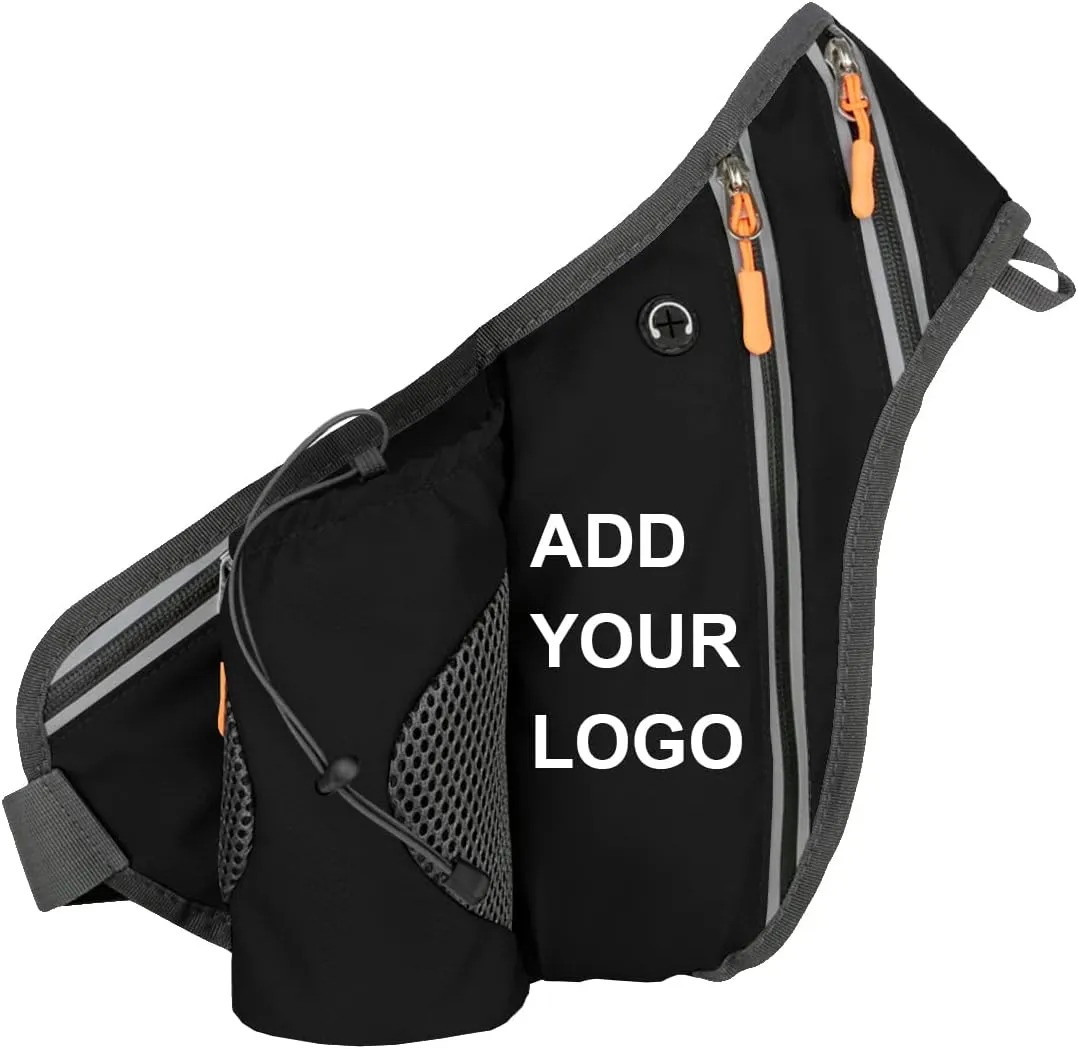 Muka Custom Printed Black Waist Bag with Water Bottle Holder, low water permeability Unisex Fanny Pack Add Your Own Design