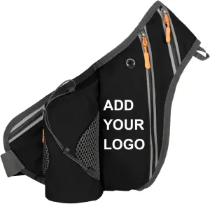 Muka Custom Printed Black Waist Bag with Water Bottle Holder, low water permeability Unisex Fanny Pack Add Your Own Design
