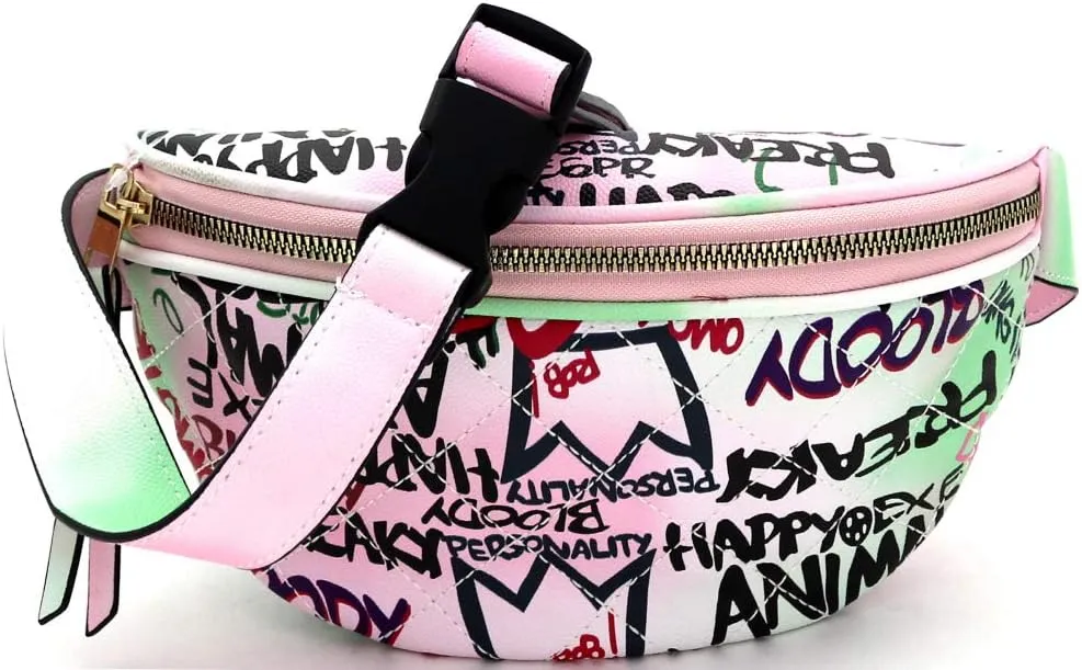 Multi Color Graffiti Print PU Leather Hip Fashion Fanny Pack Waist Belt Bag Clutch Sling (Graffiti Print Checker Stitch - Multi B)