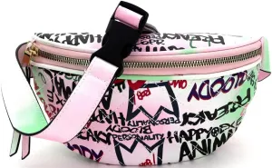 Multi Color Graffiti Print PU Leather Hip Fashion Fanny Pack Waist Belt Bag Clutch Sling (Graffiti Print Checker Stitch - Multi B)