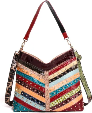 Multi-color Handbag for Women Cow Leather Purse Random Colorful Patchwork Shoulder Bag Rivets Snake pattern Satchel