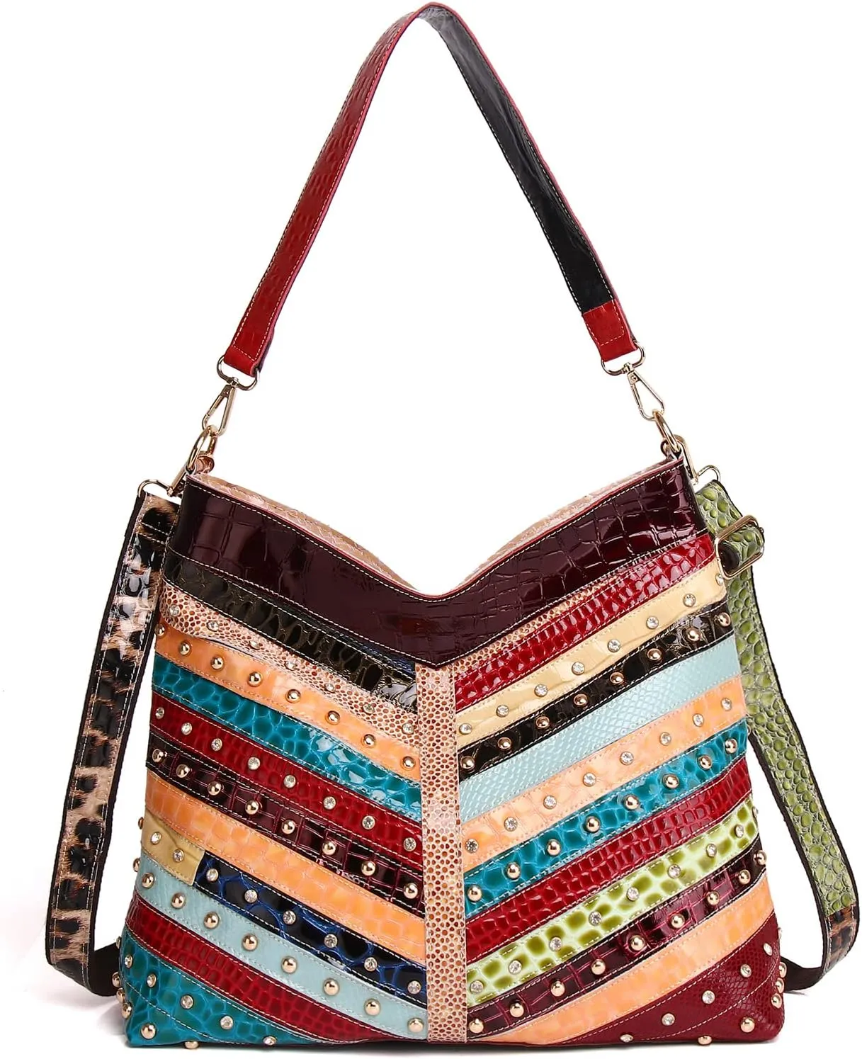 Multi-color Handbag for Women Cow Leather Purse Random Colorful Patchwork Shoulder Bag Rivets Snake pattern Satchel