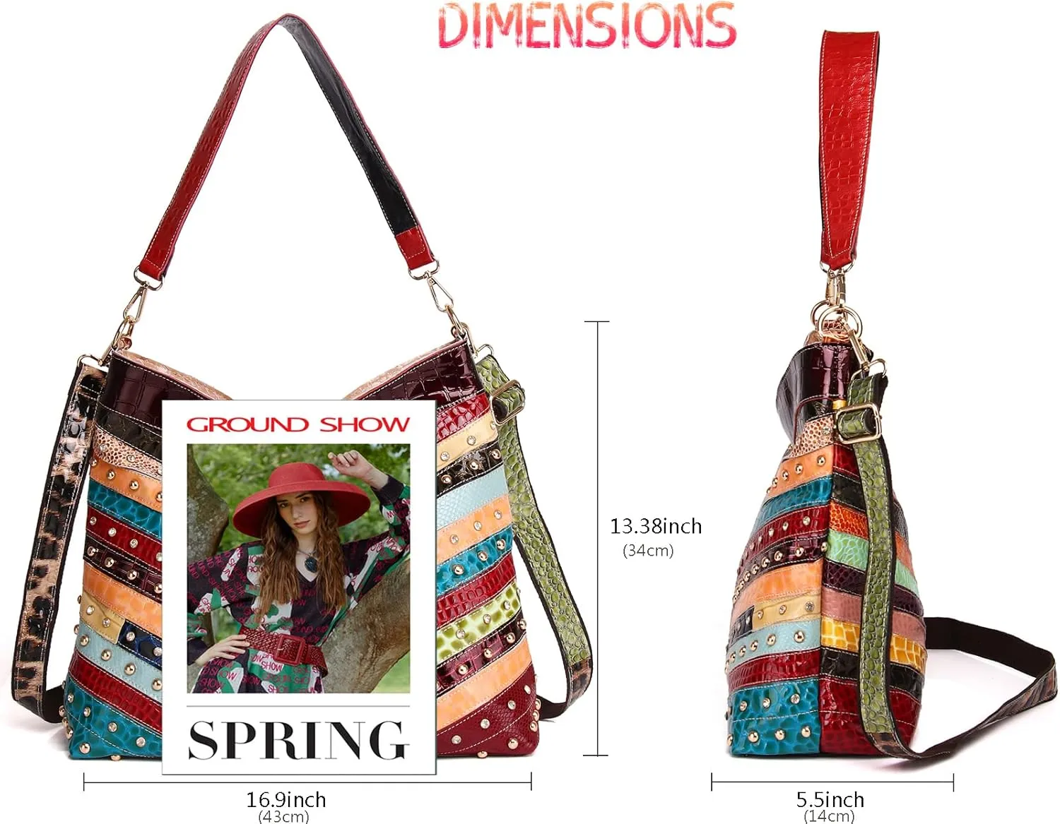 Multi-color Handbag for Women Cow Leather Purse Random Colorful Patchwork Shoulder Bag Rivets Snake pattern Satchel