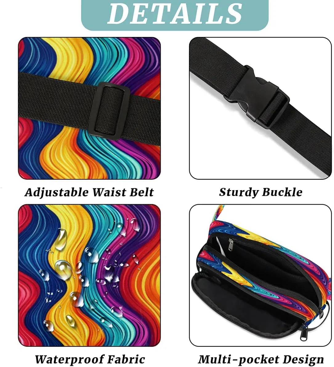 Multicolor Streak Printings Fanny Packs for Women Men Waterproof Waist Bag with Adjustable Strap Belt Bag for Travel Running Hiking