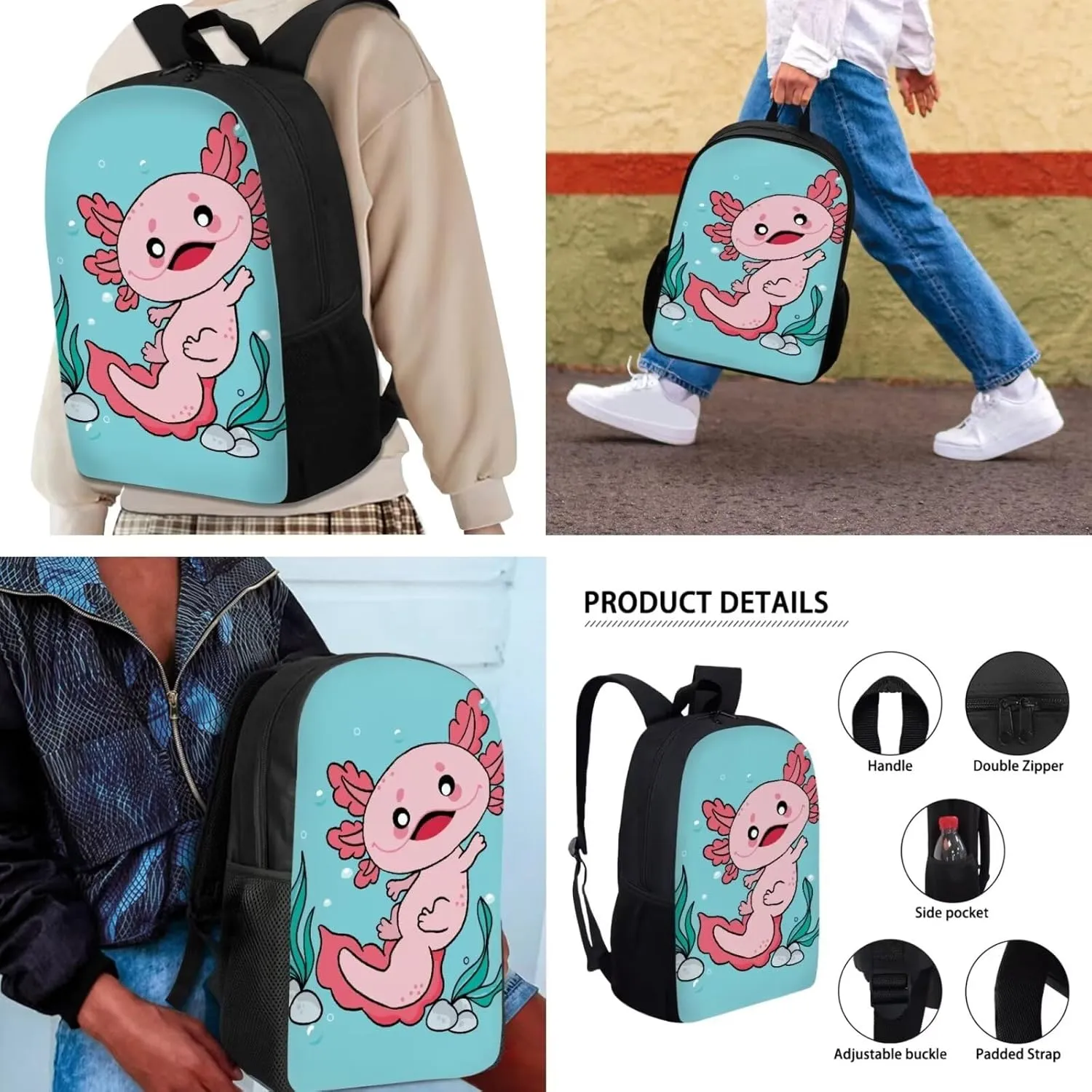 Mumeson Axolotl Backpack Bookbags Kids School Backpack Set and Insulated Lunch Bags with Adjustable Strip,Lightweight Portable Pencase Pencil Bag 3 Pack Set