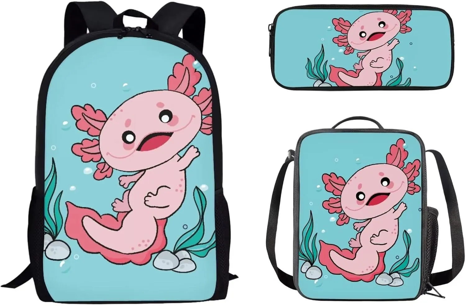 Mumeson Axolotl Backpack Bookbags Kids School Backpack Set and Insulated Lunch Bags with Adjustable Strip,Lightweight Portable Pencase Pencil Bag 3 Pack Set
