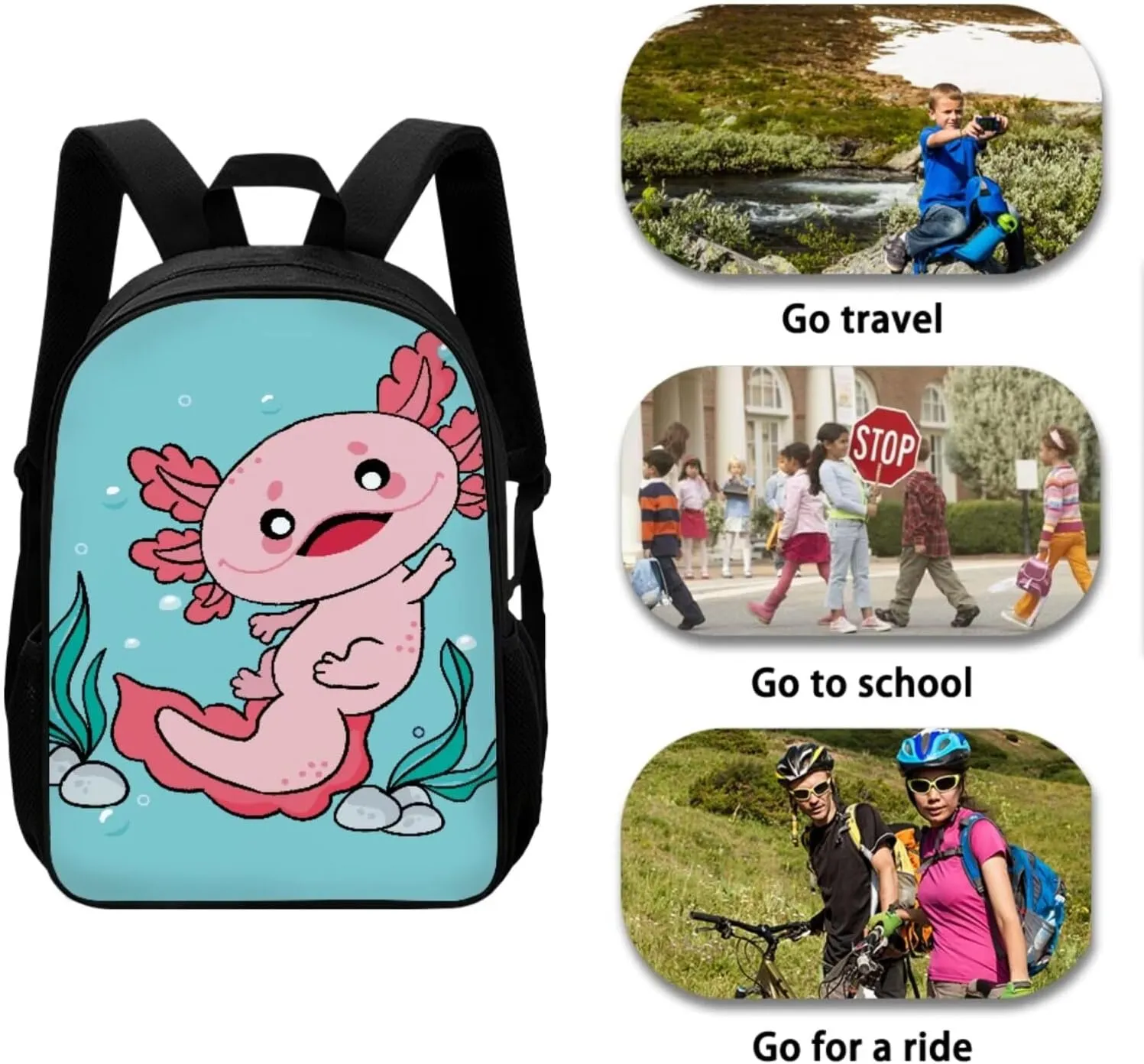 Mumeson Axolotl Backpack Bookbags Kids School Backpack Set and Insulated Lunch Bags with Adjustable Strip,Lightweight Portable Pencase Pencil Bag 3 Pack Set