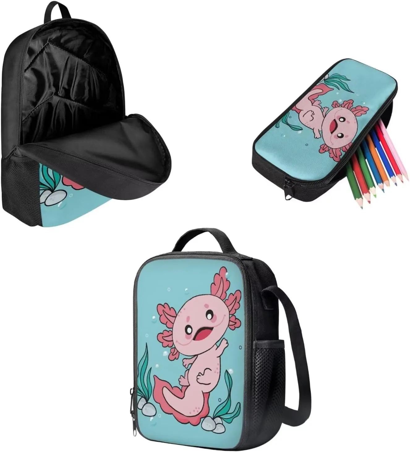 Mumeson Axolotl Backpack Bookbags Kids School Backpack Set and Insulated Lunch Bags with Adjustable Strip,Lightweight Portable Pencase Pencil Bag 3 Pack Set