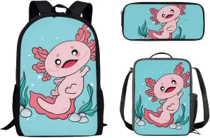 Mumeson Axolotl Backpack Bookbags Kids School Backpack Set and Insulated Lunch Bags with Adjustable Strip,Lightweight Portable Pencase Pencil Bag 3 Pack Set