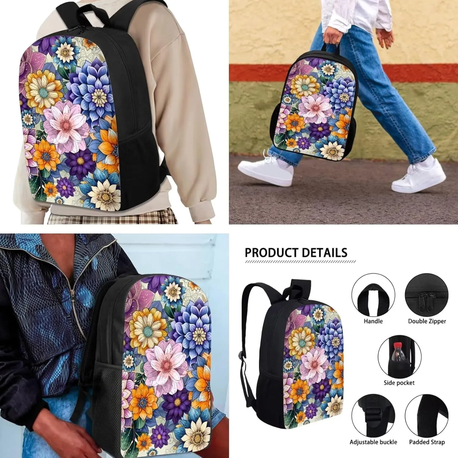 Mumeson Boho Flowers Kids Backpack Set 3 Pack Set Large Capacity School Bag Large Capacity Organizer Book Bags with Insulated Thermal Lunch Bag Small Pencase