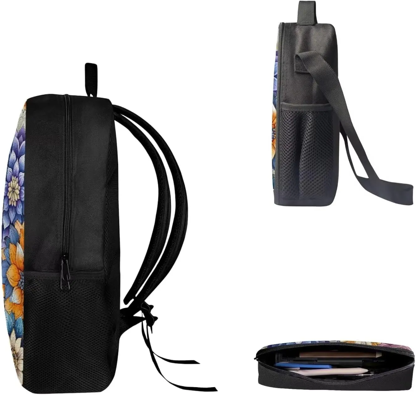 Mumeson Boho Flowers Kids Backpack Set 3 Pack Set Large Capacity School Bag Large Capacity Organizer Book Bags with Insulated Thermal Lunch Bag Small Pencase