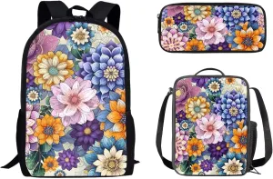 Mumeson Boho Flowers Kids Backpack Set 3 Pack Set Large Capacity School Bag Large Capacity Organizer Book Bags with Insulated Thermal Lunch Bag Small Pencase